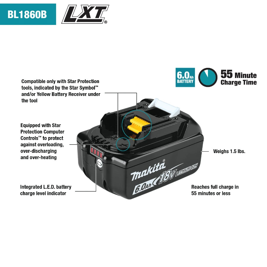 Makita BL1860B 18V LXT® Lithium‑Ion 6.0Ah Battery – Way Source Makita BL1860B 18V LXT® Lithium‑Ion 6.0Ah Battery – Way Source