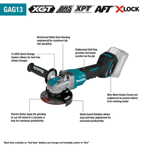 Makita GAG13M1 40V max XGT® Brushless Cordless 4‑1/2" / 5" X‑LOCK Paddle Switch Angle Grinder Kit, with Electric Brake (4.0Ah)