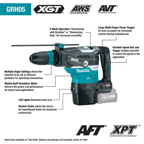 Makita GRH05M1 40V max XGT® Brushless 1‑9/16" SDS‑MAX AVT® Rotary Hammer Kit, AFT®, AWS® Capable (4.0Ah)