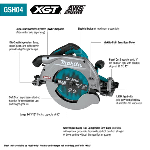 Makita GSH04Z 40V max XGT® Brushless Cordless 10‑1/4" Circular Saw with Guide Rail Compatible Base, AWS® Capable, Tool Only