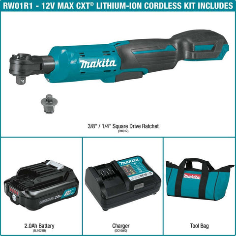 Makita RW01R1 12V max CXT® Lithium-Ion Cordless 3/8" / 1/4" Sq. Drive Ratchet Kit (2.0Ah)