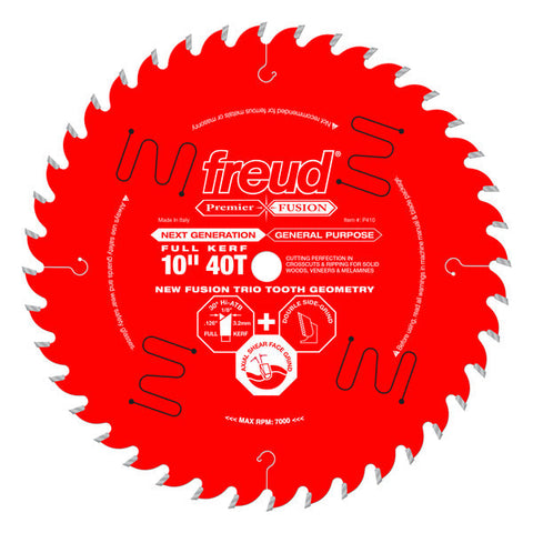 Freud 008925061465 10" x 40T Next Generation Premier Fusion General Purpose Blade for Crosscuts (3/8" to 3-1/2") & Rips (3/4" to 1-1/2") wood, laminate, veneered plywood, hardwoods & melamine.