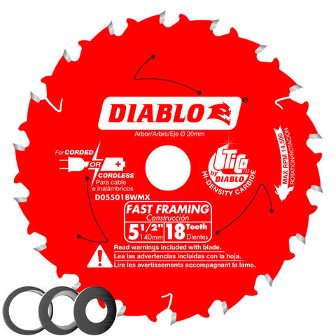 Diablo 008925143604 5-1/2 in. x 18 Tooth 20mm arbor Fast Framing Saw Blade with 3 arbor bushings