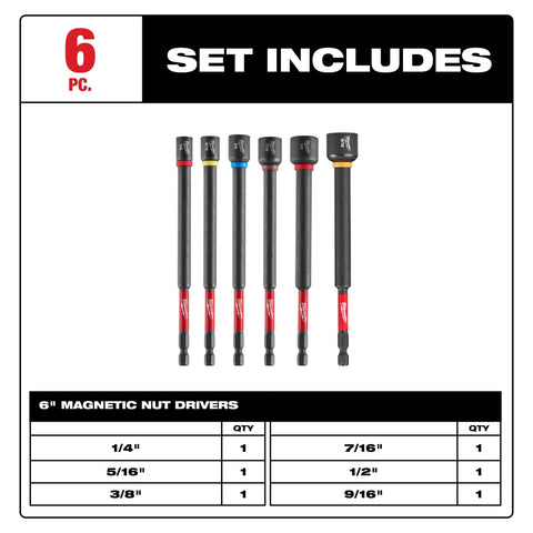 Milwaukee 49-66-4567 6PC 6" MAGNETIC NUT DR SET
