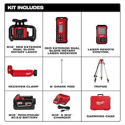 Milwaukee 3704-21T M18™ Red Exterior Dual Slope Rotary Laser Level Kit w/ Receiver, Remote, Grade Rod & Tripod