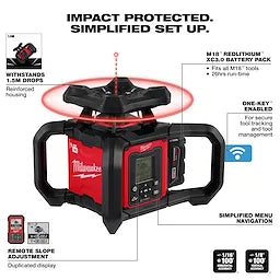 Milwaukee 3704-21T M18™ Red Exterior Dual Slope Rotary Laser Level Kit w/ Receiver, Remote, Grade Rod & Tripod