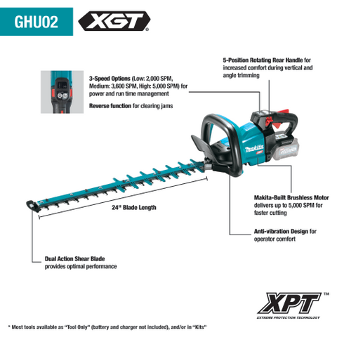 Makita GHU02Z 40V max XGT® Brushless Cordless 24" Hedge Trimmer, Tool Only