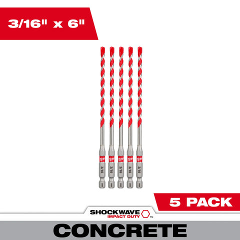 Milwaukee 48-20-9157 3/16" SHOCKWAVE™ Carbide Hammer Drill Bits 5PK
