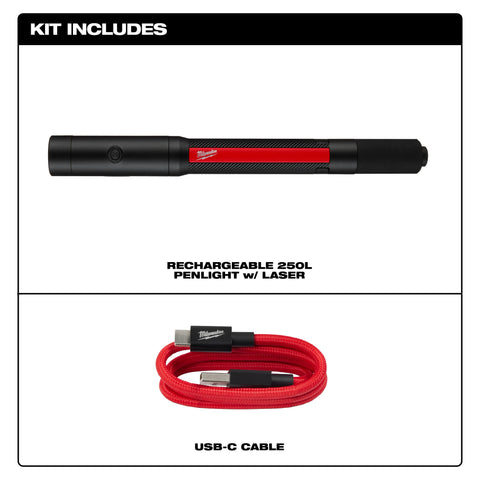 Milwaukee 2010R kit contents: rechargeable penlight and USB-C cable