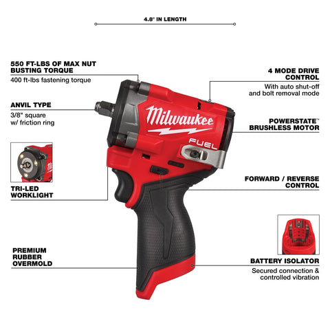 Milwaukee 2563-22 M12 FUEL Stubby 1/2" Impact Wrench Kit