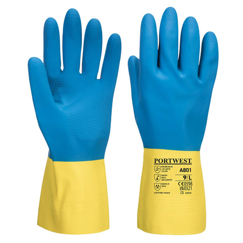Portwest A801Y4R Chem 300 Latex Double Dipped Gauntlet - Yellow/Blue - R