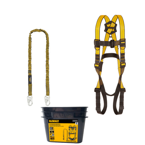 DFP Safety DXFP110001 DEWALT Fall Protection Compliance kit includes D1000 Harness with PT Legs, and a 6 Ft Lanyard