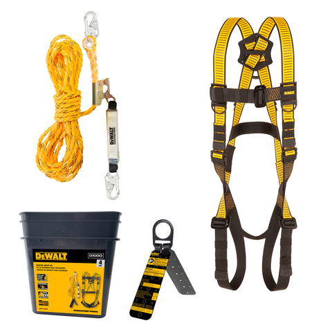 DFP Safety DXFP110050 DEWALT Rooftop safety kit includes D1000 harness with PT Legs, 50' vertical lifeline w/rope adjustor and reusable rooftop anchor