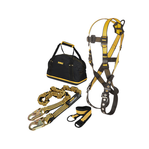 DFP Safety DXFP110101 DEWALT Fall Protection Compliance kit includes D1000 Harness with TB Legs, a 6 Ft Lanyard and a 3 Ft Web Anchor Strap, in a Carrying Bag