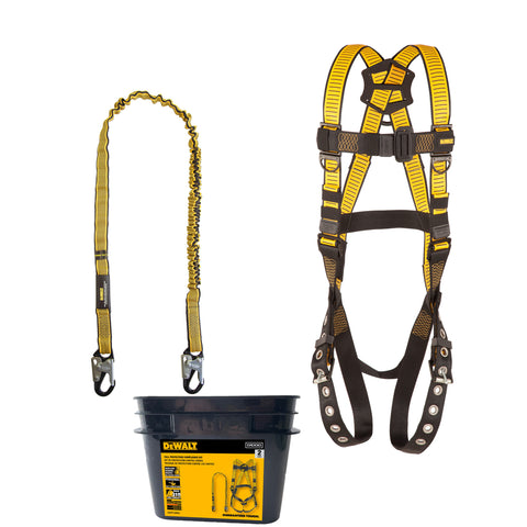 DFP Safety DXFP120001 DEWALT Fall Protection Compliance kit includes D1000 Harness with TB Legs, and a 6 Ft Lanyard