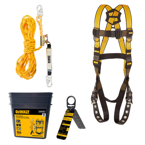 DFP Safety DXFP120050 DEWALT Rooftop safety kit includes D1000 harness with TB Legs, 50' vertical lifeline w/rope adjustor and reusable rooftop anchor