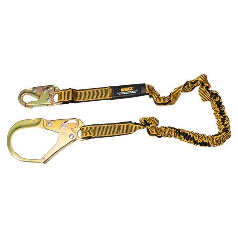 DFP Safety DXFP613110 DEWALT 6 Ft. Lanyard, Single, Internal Absorber, 4' to 6' Stretch Lanyard With Steel Snap Hook on D-Ring End and Steel Rebar Hook on Anchor End.
