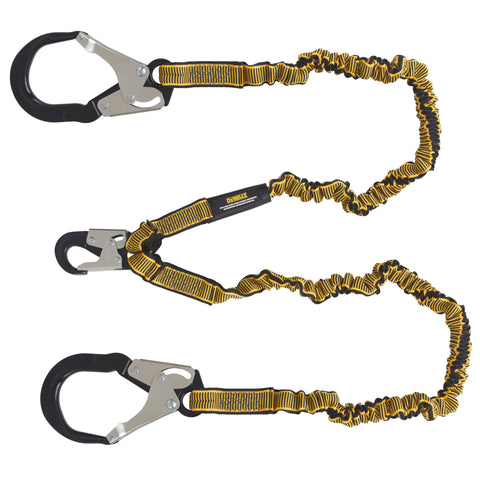 DFP Safety DXFP613530 DEWALT 6 FT. Lanyard, Twin, Internal Absorber, 4' to 6' Stretch Lanyard with Aluminum Snap Hook on D-Ring End and Aluminum Rebar Hooks on Anchor End.