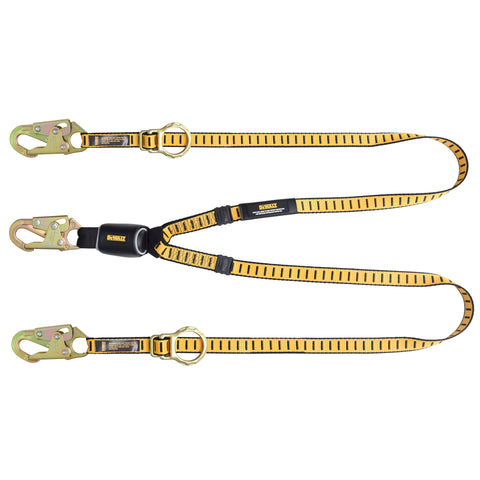 DFP Safety DXFP615130 DEWALT 6 Ft. Lanyard, Twin, External Absorber, Tie-Back to D-Ring, Adjustable, Steel Snap Hook on D-Ring End and Steel Rebar Hooks on Anchor Ends
