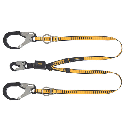 DFP Safety DXFP615530 DEWALT 6 Ft. Lanyard, Twin, External Absorber, Tie-Back to D-Ring, Adjustable, Aluminum Snap Hook on D-Ring End and Aluminum Rebar Hooks on Anchor Ends