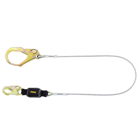 DFP Safety DXFP626110 DEWALT 6 Ft. Lanyard, Single, External Absorber, Leading Edge Cable with Steel Snap Hook on D-Ring End and Steel Rebar Hook on Anchor End.