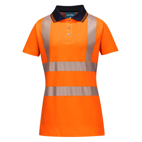 Portwest LW72OBR Hi-Vis Women's Cotton Comfort Pro Polo Shirt S/S - Orange/Black - R