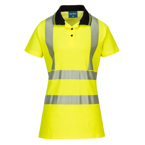 Portwest LW72YBR Hi-Vis Women's Cotton Comfort Pro Polo Shirt S/S - Yellow/Black - R