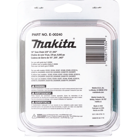 Makita E-00240 16" Saw Chain, 3/8” LP, .043”, 56, Low Kickback