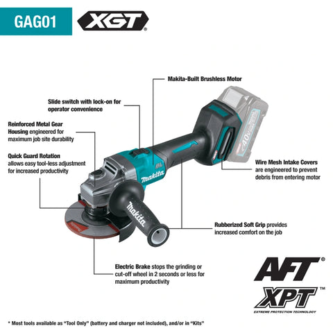Makita GAG01M1 40V max XGT® Brushless Cordless 4‑1/2” / 5" Angle Grinder Kit, with Electric Brake (4.0Ah)