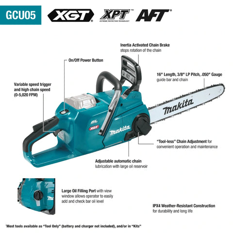 Makita GCU05M1 40V max XGT Brushless Cordless 16" Chain Saw Kit