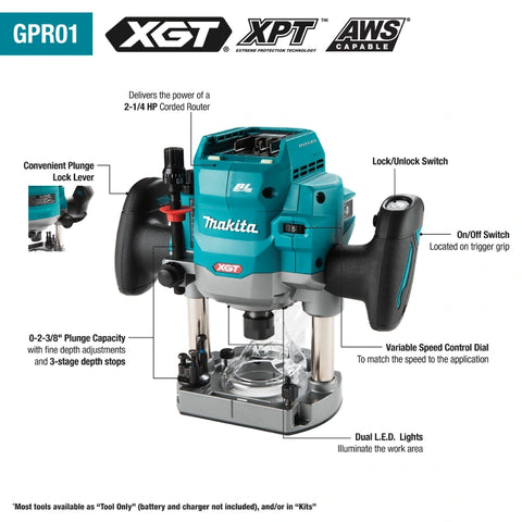 Makita GPR01Z 40V max XGT® Brushless Cordless 2-1/4 HP* Plunge Router (Tool Only)