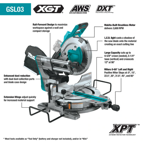 Makita GSL03Z 40V max XGT® Brushless Cordless 10" Dual-Bevel Sliding Compound Miter Saw, AWS® Capable, Tool Only