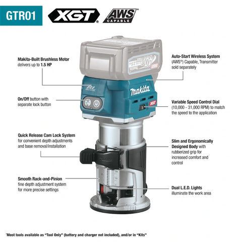 Makita GTR01Z 40V Max XGT® Brushless Compact Router