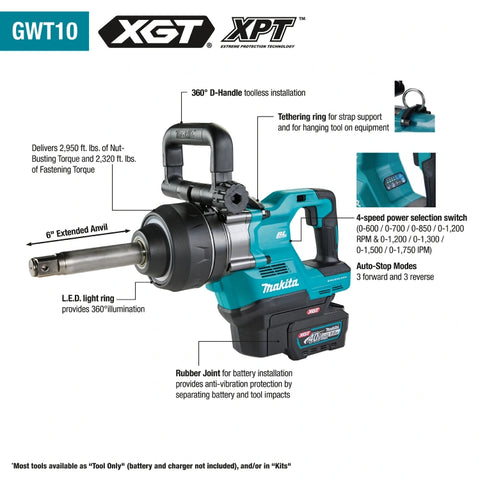 Makita GWT10T 40V max XGT® Brushless Cordless 4-Sp. High-Torque 1" Sq. Drive D-Handle Extended Anvil Impact Wrench kit w/ Friction Ring (5.0Ah)