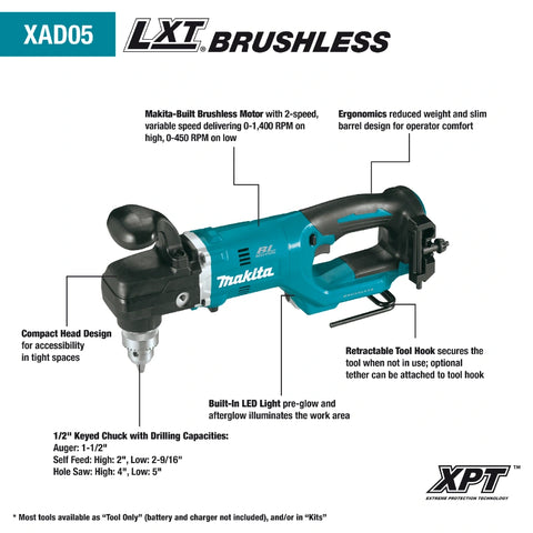 Makita XAD05Z 18V LXT Lithium-Ion Brushless Cordless 1/2" Right Angle Drill