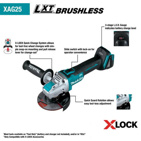 Makita XAG25Z 18V LXT® Lithium‑Ion Brushless Cordless 4‑1/2” / 5" X‑LOCK Angle Grinder, with AFT® (Tool Only)