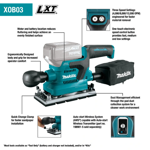 Makita XOB03Z 18V LXT® Lithium-Ion Brushless Cordless 1/3 Sheet Finishing Sander, AWS Capable, Tool Only