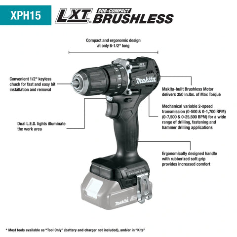 Makita XPH15ZB 18V LXT® Lithium‑Ion Sub‑Compact Brushless Cordless 1/2" Hammer Driver‑Drill, Tool Only