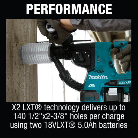 Makita XRH10PTW 36V (18V X2) LXT® Brushless 1-1/8" SDS-PLUS AVT® Rotary Hammer Kit, w/ HEPA Dust Extractor, AFT®, AWS® Capable, dual port charger, bag (5.0Ah)