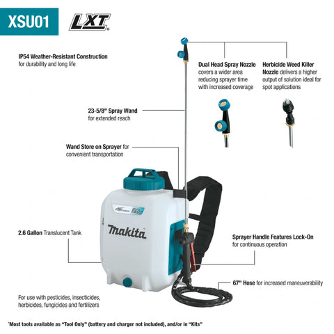 Makita XSU01Z 18V LXT® Lithium‑Ion Cordless 2.6 Gallon Backpack Sprayer, Tool Only