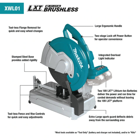 Makita XWL01PT 36V (18V X2) LXT® Brushless 14" Cut-Off Saw Kit, dual port rapid charger, electric brake (5.0Ah)