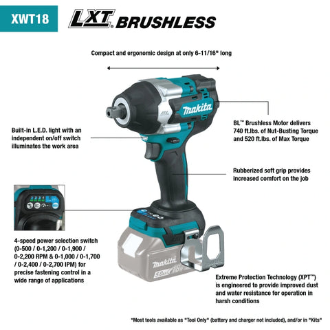 Makita XWT18Z 18V LXT® Brushless 4-Speed Mid-Torque 1/2" Sq. Drive Impact Wrench w/ Detent Anvil, (Tool Only)