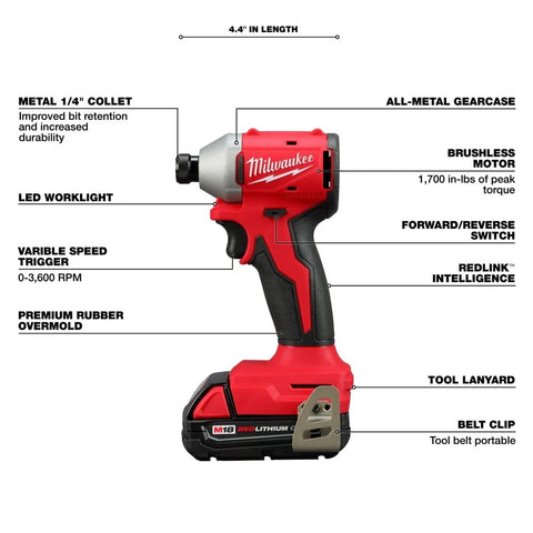 Milwaukee 3650-22CT M18™ Compact Brushless 1/4" Hex Impact Driver Kit