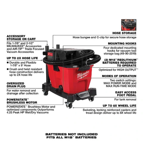 Milwaukee 0920-20 M18 FUEL™ 9 Gallon Dual-Battery Wet/Dry Vacuum