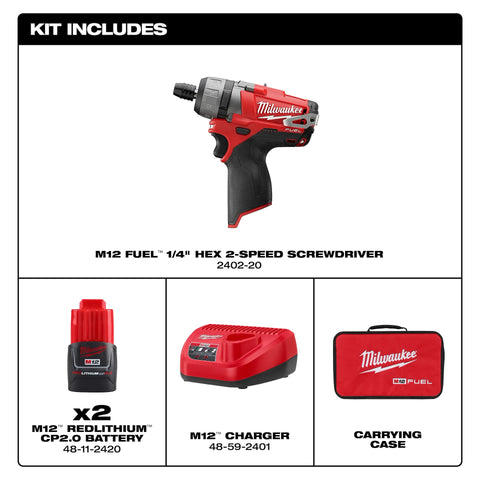 Milwaukee 2402-22 M12 FUEL 1/4" Hex 2-Speed Screwdriver Kit