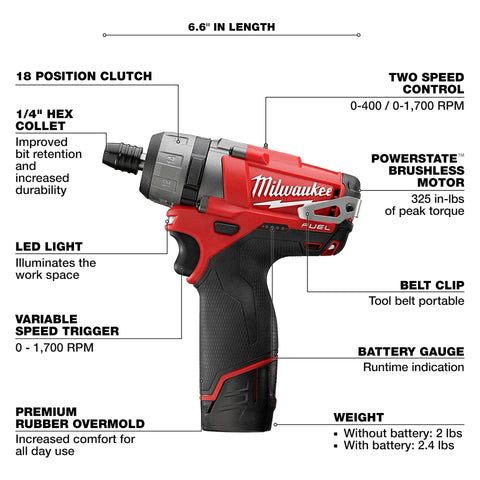Milwaukee 2402-22 M12 FUEL 1/4" Hex 2-Speed Screwdriver Kit