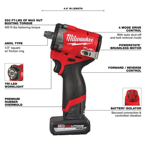 Milwaukee 2563-22 M12 FUEL Stubby 1/2" Impact Wrench Kit