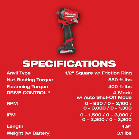 Milwaukee 2563-22 M12 FUEL Stubby 1/2" Impact Wrench Kit