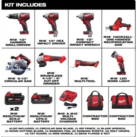 Milwaukee 2696-28 Milwaukee M18 18V Cordless Power Tool Combo Kit 8-Tool Set - 3 Batteries - 2 Tool Bags - Charger Included