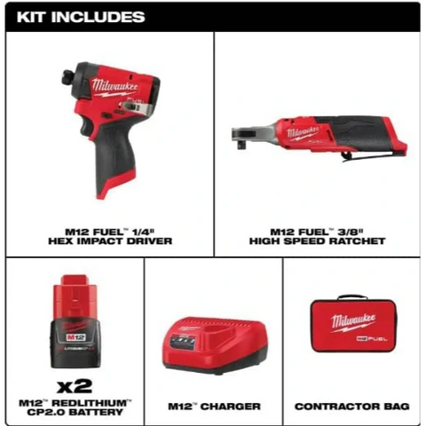 Milwaukee 3453-22HSR M12 FUEL 12V Lithium-Ion Cordless 3/8 in. Ratchet and 1/4 in. Impact Driver Kit (2-Tool) w/Batteries, Charger & Bag